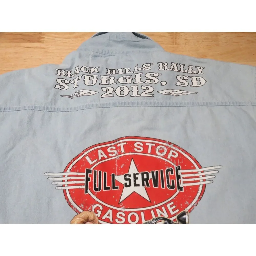 Sturgis Black Hills Biker Design Blue Denim Vest Size L Vintage‎ 2012 Front End